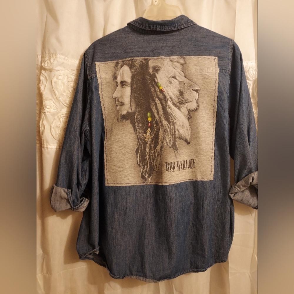 SZ 3X BOB MARLEY GRAPHIC UPCYCLED DENIM BUTTON UP SHIRT